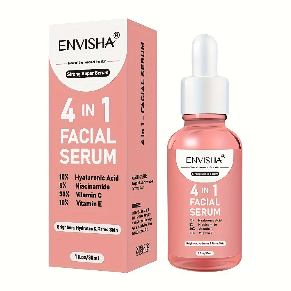 Unisex 4 in 1 Facial Serum - ENVISHA 1 Fl.Oz Moisturizing Drops with Hyaluronic Acid, Niacinamide, Vitamin C & E for All Skin Types, Unscented Face Care