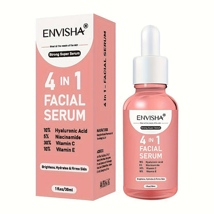 Unisex 4 in 1 Facial Serum - ENVISHA 1 Fl.Oz Moisturizing Drops with Hyaluronic Acid, Niacinamide, Vitamin C & E for All Skin Types, Unscented Face Care