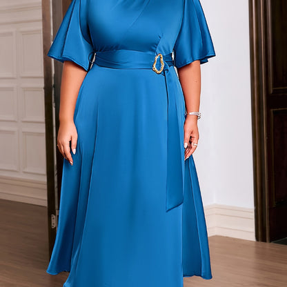 Plus Size Elegant Long Dress, Solid Color Polyester Spandex Blend Crew Neck Short Sleeve Fitted with Belt Detail