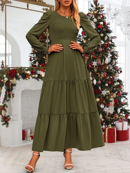 Women's Fall Wedding Guest Dress Long-sleeved Extra-long Dress Casual Crew-neck Pleated A-line Flowing Dress