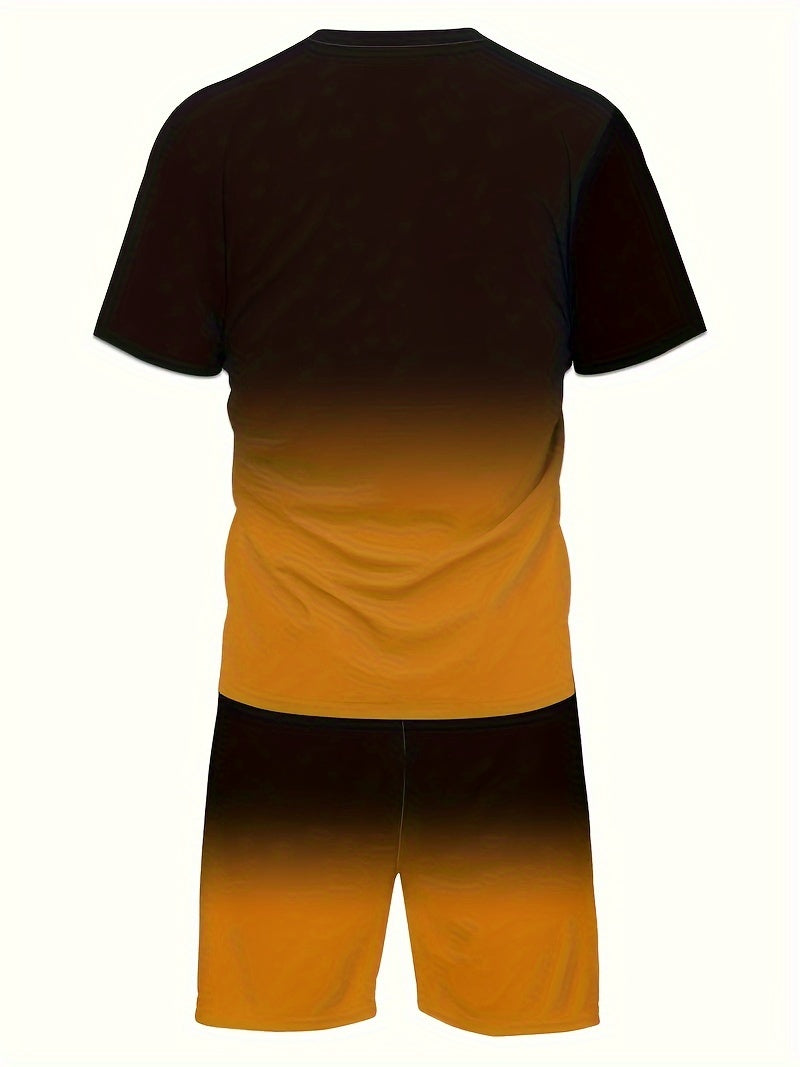 2pcs 2-Piece Gradient Summer Men's Set: Round Neck T-shirt & Elastic Waist Shorts with Pockets