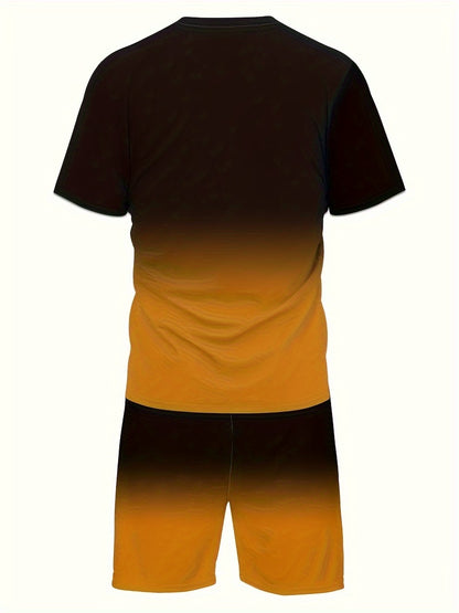 2pcs 2-Piece Gradient Summer Men's Set: Round Neck T-shirt & Elastic Waist Shorts with Pockets