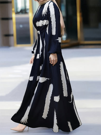 Women's Turkish Kaftan Dress - Navy & White Abstract Print Long Sleeve Midi Dress with Stand-Up Collar & Adjustable Waist Belt, Machine Washable All-Season Traditional Elegance for Casual or Formal Occasions