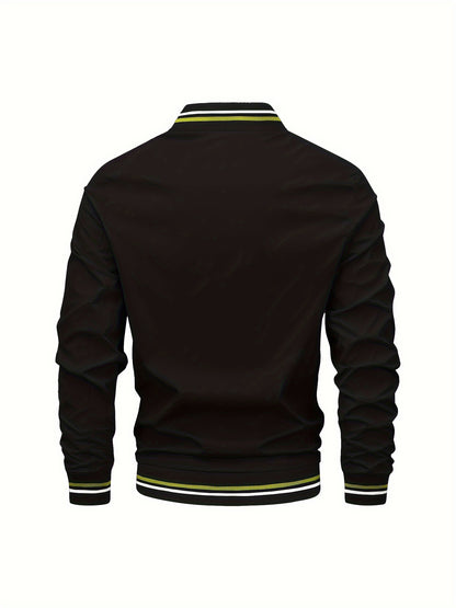 1pc, Spring And Fall Men's Striped Sports Fashion Jacket, Baseball Collar Zip Up Casual Jacket For Mountaineering And Daily Outings