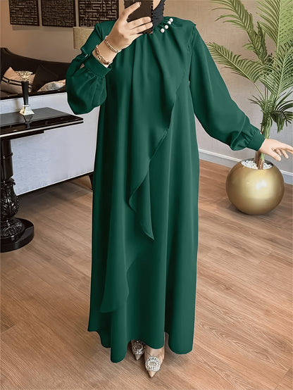 Elegant Green Long Skirt Dress for Women - Loose Fit, Round Neck, Lantern Sleeves, Embellished with Pearls, Perfect for Casual or Formal Occasions, Casual Elegant Wear | Embellished Dress | Flowing Skirt