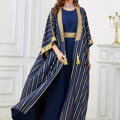 Oriented Spot Middle East Dubai Muslim Women's Abaya Four Seasons Round Neck Ramadan New Long Dress Regular Fit Ultra Thick Texture Super Soft Fabric Open Front Two-Piece Set Golden Belt Craft Flared Sleeve Lightweight Elegan