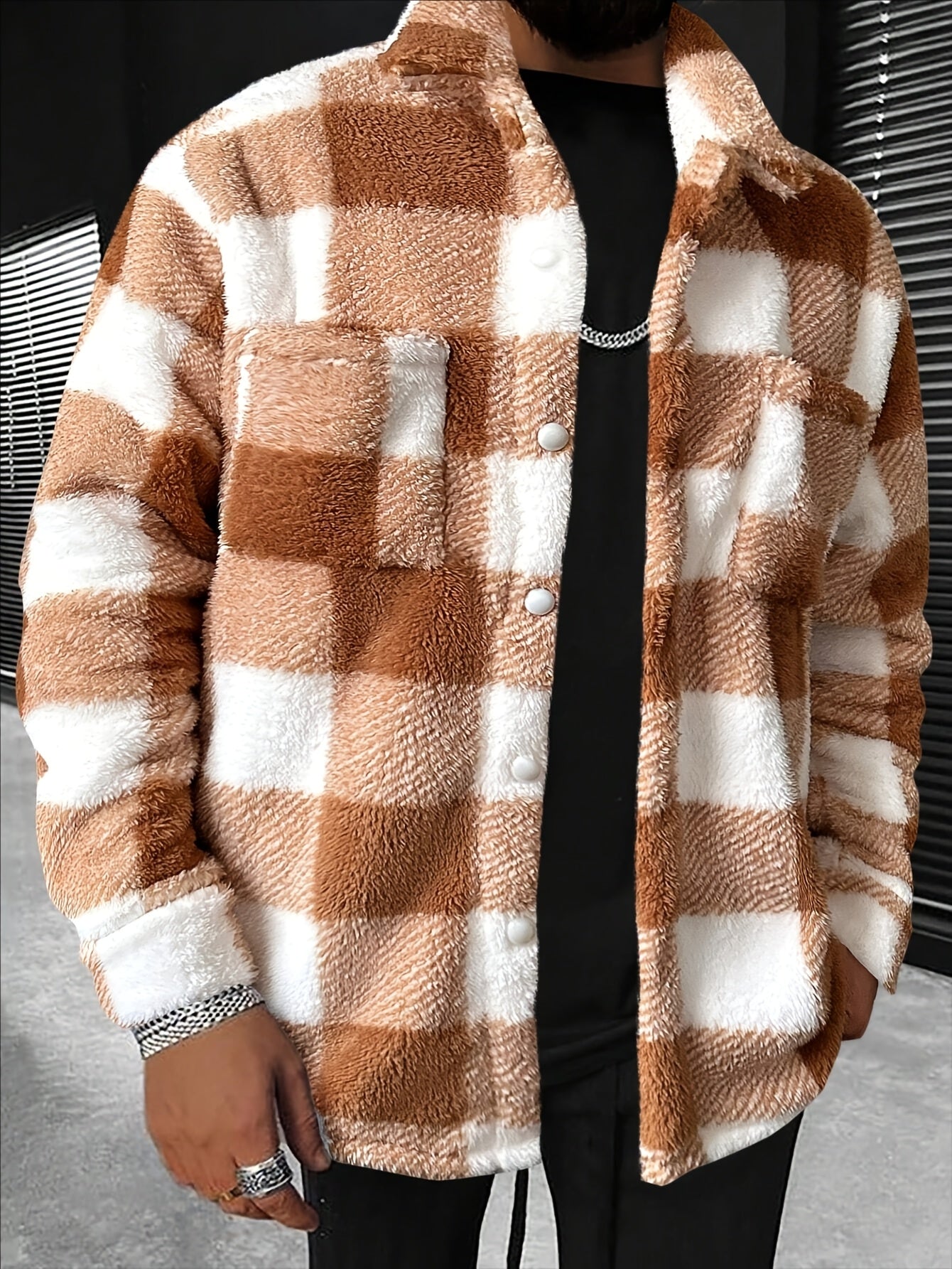 Men's Cozy Plaid Fleece Jacket - Casual Button-Up with Lapel Collar, Long Sleeves for Winter Warmth