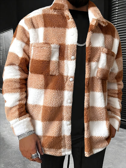 Men's Cozy Plaid Fleece Jacket - Casual Button-Up with Lapel Collar, Long Sleeves for Winter Warmth