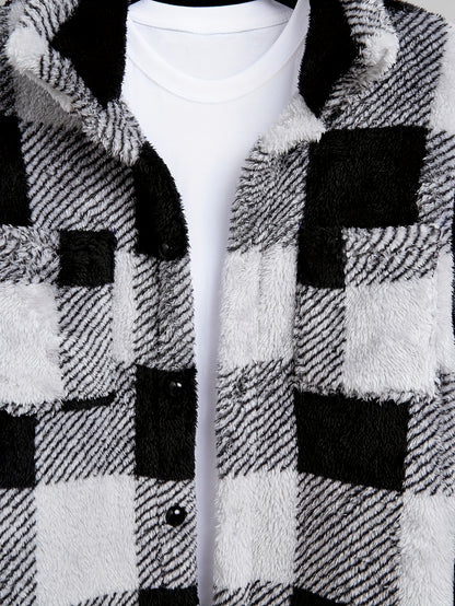 Men's Cozy Plaid Fleece Jacket - Casual Button-Up with Lapel Collar, Long Sleeves for Winter Warmth