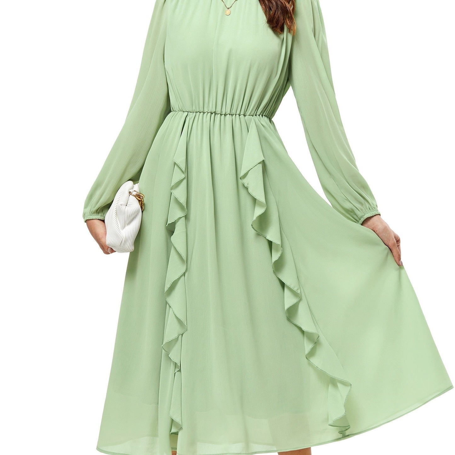 Womens Long Sleeve Wedding Guest Dresses Flowy Chiffon Ruffled A Line Midi Dresses 2024 Fall Casual Long Dress
