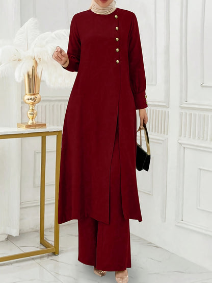 Ramadan Women'S Solid Color Button Design Long Sleeve Top and Pants Set, Arabic Style, Polyester, with Faux Button Detail, for All Seasons