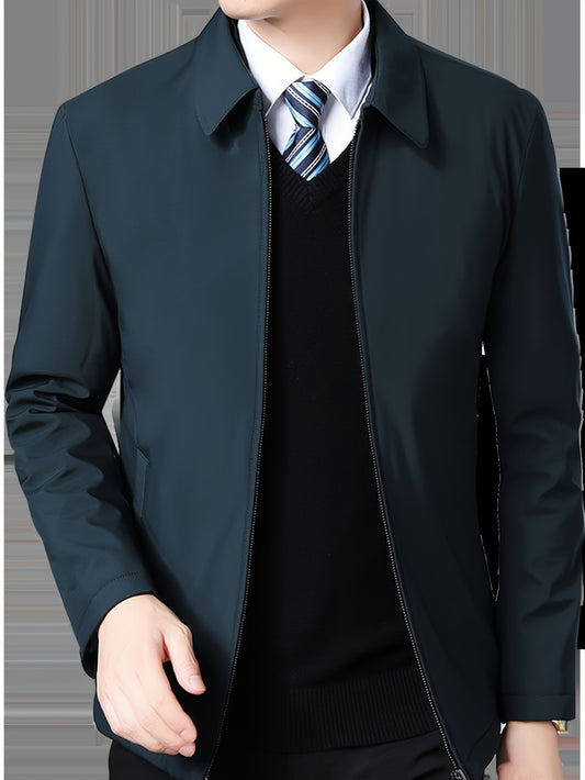 Men's Casual Business Jacket for Elderly - Polyester, Solid Color, Non-Stretch Fabric, Spring/Autumn Wear with Pockets