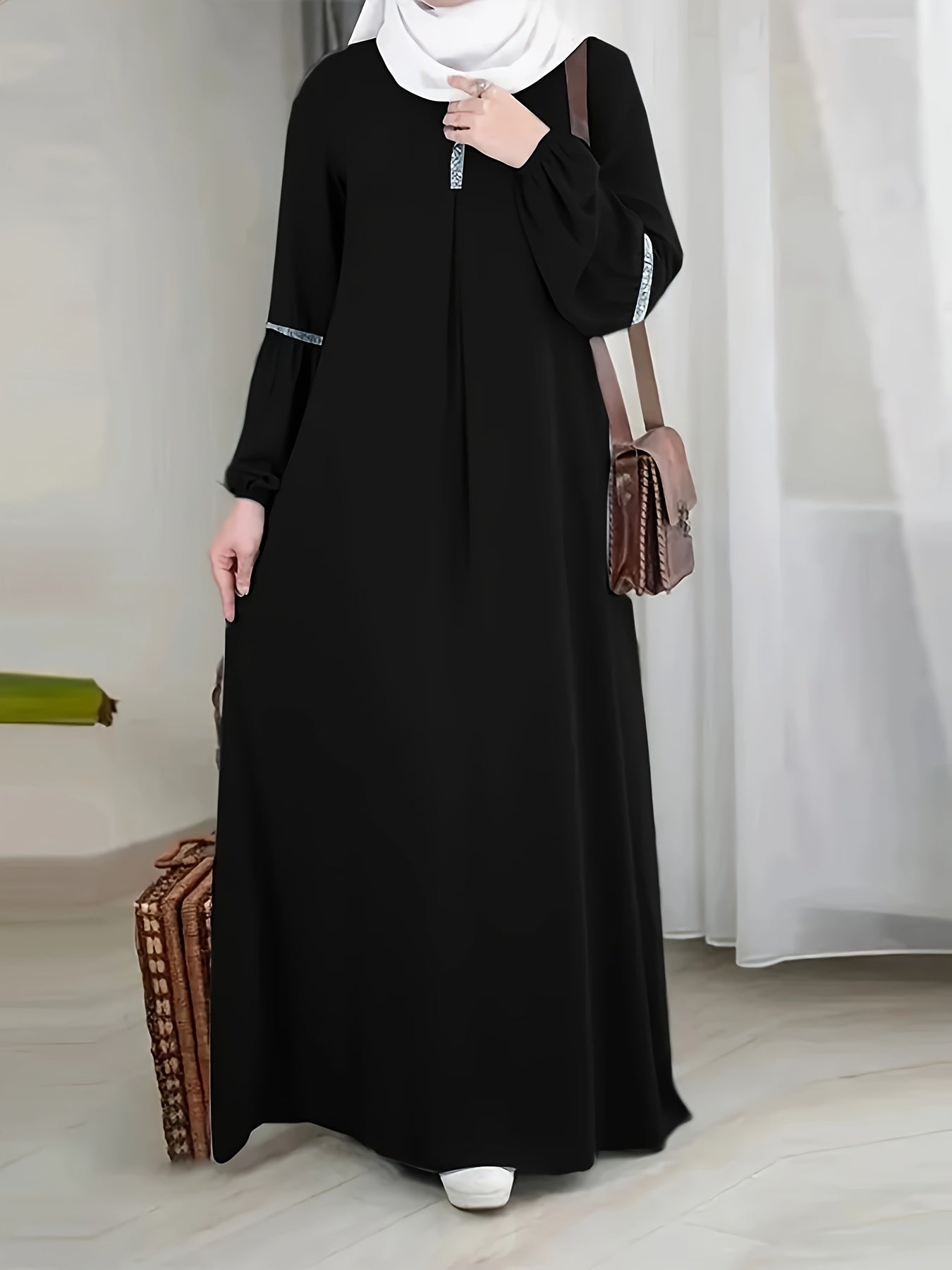Middle Eastern Solid Color Long Sleeve Muslim Abaya Casual Sequined Dress