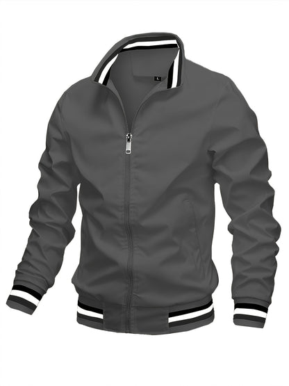 Men'S Retro Hip-Hop Baseball Jacket - Casual Sports Bomber with Stand Collar Zipper, Polyester Fabric - Perfect for Fall and Winter, Casual Weekend Wear, Casual Jacket|Hip Hop Style|Zippered Jacket