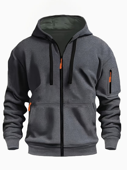 Men's Sporty Zip-Up Hoodie Jacket - Vibrant Orange with Black Zipper Accents, Polyester-Lined Comfort, Machine Washable Regular Fit for Autumn Winter Casual Outdoor Wear, Autumn Apparel