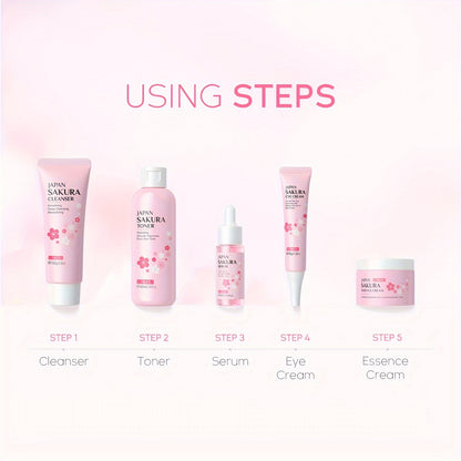 【7pcs Skin Care Set: Toner 5.41oz; Essence 1.01oz; Facial Cleanser 100g; Face Cream 50g; Eye Cream 30g; Hairband; Cleansing Sponge】LAIKOU JAPAN SAKURA SKINCARE SET With Hairband And Cleansing Sponge