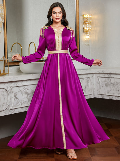 [Purple Elegant Dress] Elegant Purple 7023 Long Dress | Golden Embroidery, Tassel Detail, Belted, All-Season Wear, Formal Event Attire, Formal Attire, Embroidered Dress, Detailed Embroidery