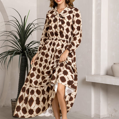2025 Autumn New Women'S Elegant Geometric Print Maxi Dress - Long Sleeve, Bow Tie Neckline, Adjustable Cuffs, Waist Cincher, Flowy A-Line Skirt for Casual Outings, Dates & Holidays, Casual Outing Attire | Geometric Pattern Dr