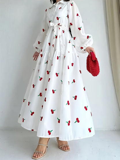 Elegant White Floral Print Long Sleeve Dress for Women - Polyester, Non-Stretch, Machine Washable - Perfect for Spring & Fall, All-Season Wear, Spring Fashion | Floral Print Dress | Polyester Fabric