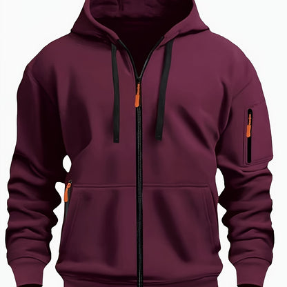 Men's Sporty Zip-Up Hoodie Jacket - Vibrant Orange with Black Zipper Accents, Polyester-Lined Comfort, Machine Washable Regular Fit for Autumn Winter Casual Outdoor Wear, Autumn Apparel