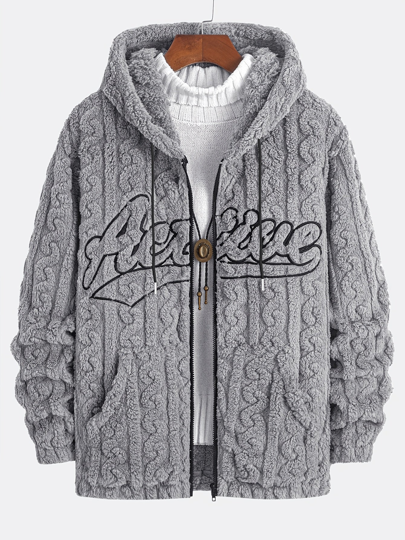 1pc Men'S Fleece Hooded Zip-Up Jacket with Embroidered Lettering - Cozy Double-Sided Plush, Long Sleeve, Regular Fit, Fall/Winter Casual Outerwear, Casual Winter Wear | Embroidered Lettering Jacket | Plush Fleece Jacket, Thic