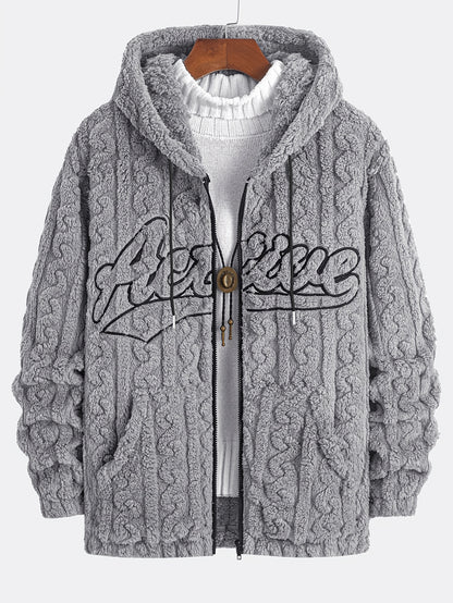 1pc Men'S Fleece Hooded Zip-Up Jacket with Embroidered Lettering - Cozy Double-Sided Plush, Long Sleeve, Regular Fit, Fall/Winter Casual Outerwear, Casual Winter Wear | Embroidered Lettering Jacket | Plush Fleece Jacket, Thic