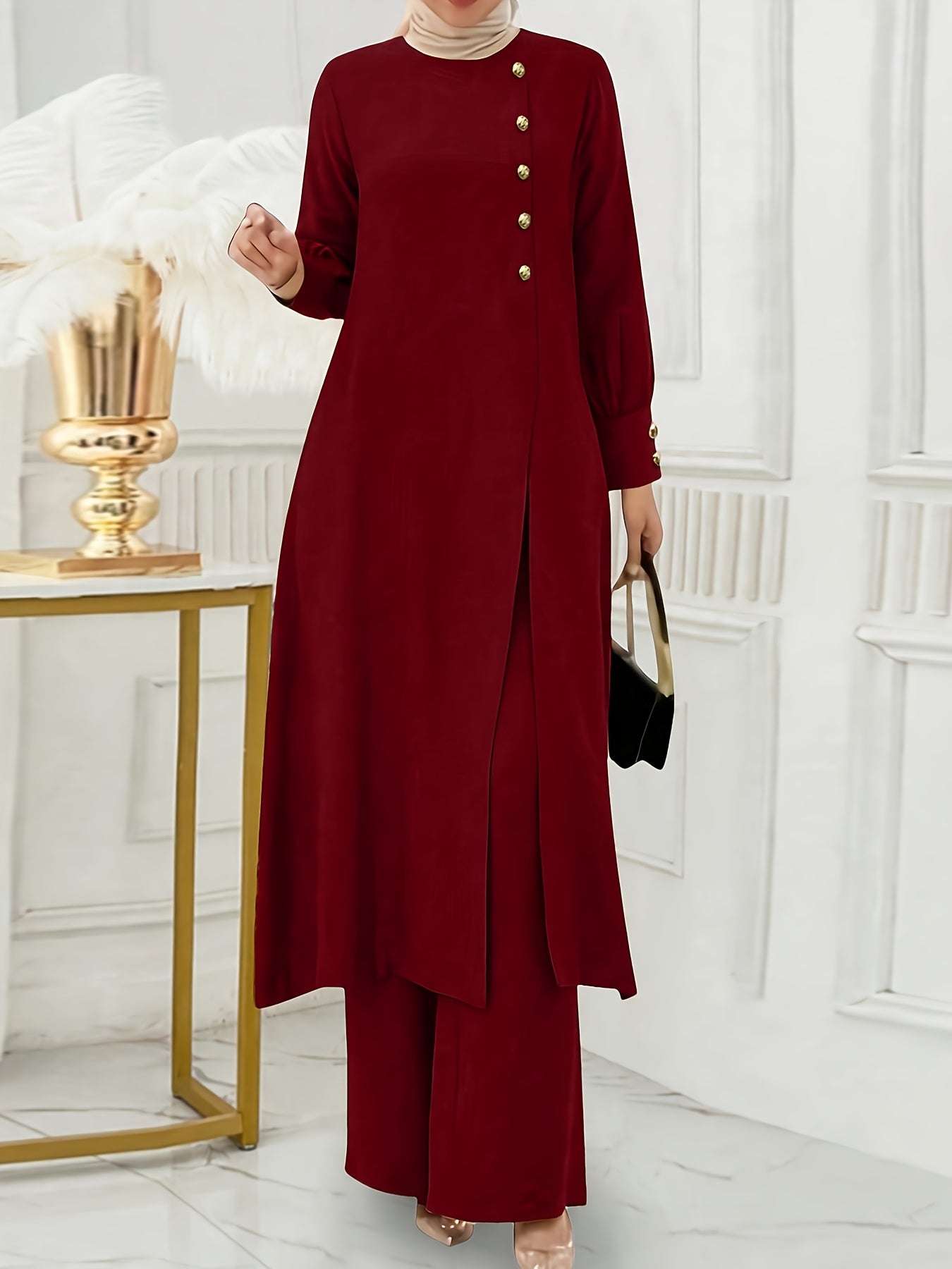 Ramadan Women'S Solid Color Button Design Long Sleeve Top and Pants Set, Arabic Style, Polyester, with Faux Button Detail, for All Seasons