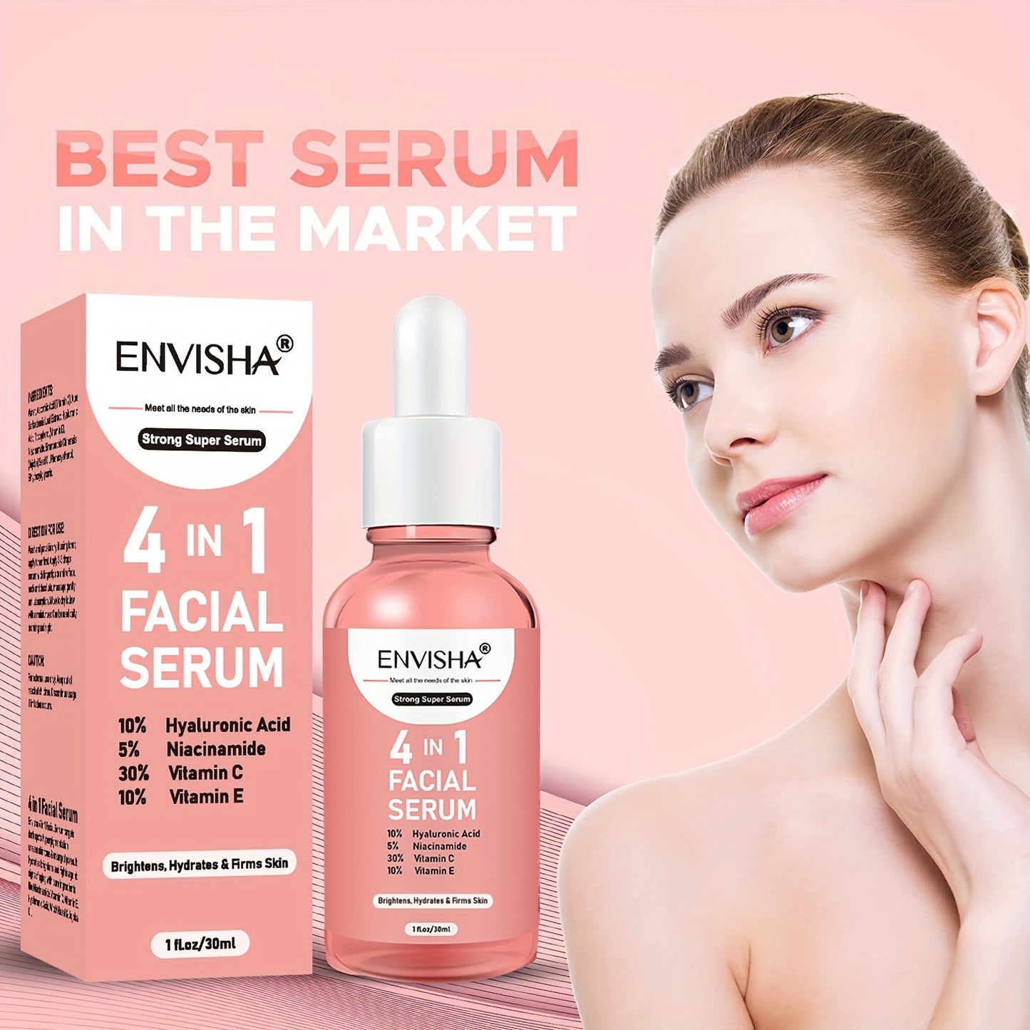 Unisex 4 in 1 Facial Serum - ENVISHA 1 Fl.Oz Moisturizing Drops with Hyaluronic Acid, Niacinamide, Vitamin C & E for All Skin Types, Unscented Face Care