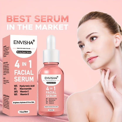 Unisex 4 in 1 Facial Serum - ENVISHA 1 Fl.Oz Moisturizing Drops with Hyaluronic Acid, Niacinamide, Vitamin C & E for All Skin Types, Unscented Face Care