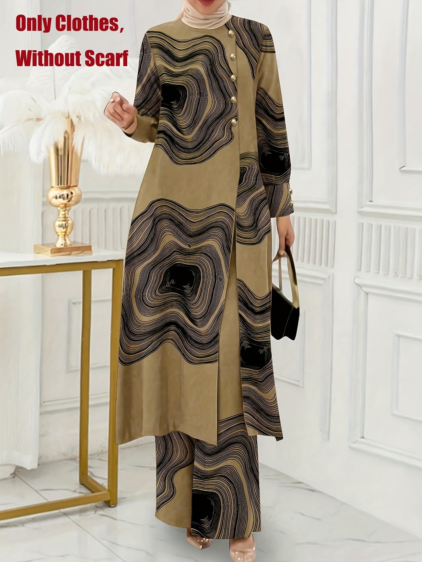 Ramadan Women'S Solid Color Button Design Long Sleeve Top and Pants Set, Arabic Style, Polyester, with Faux Button Detail, for All Seasons