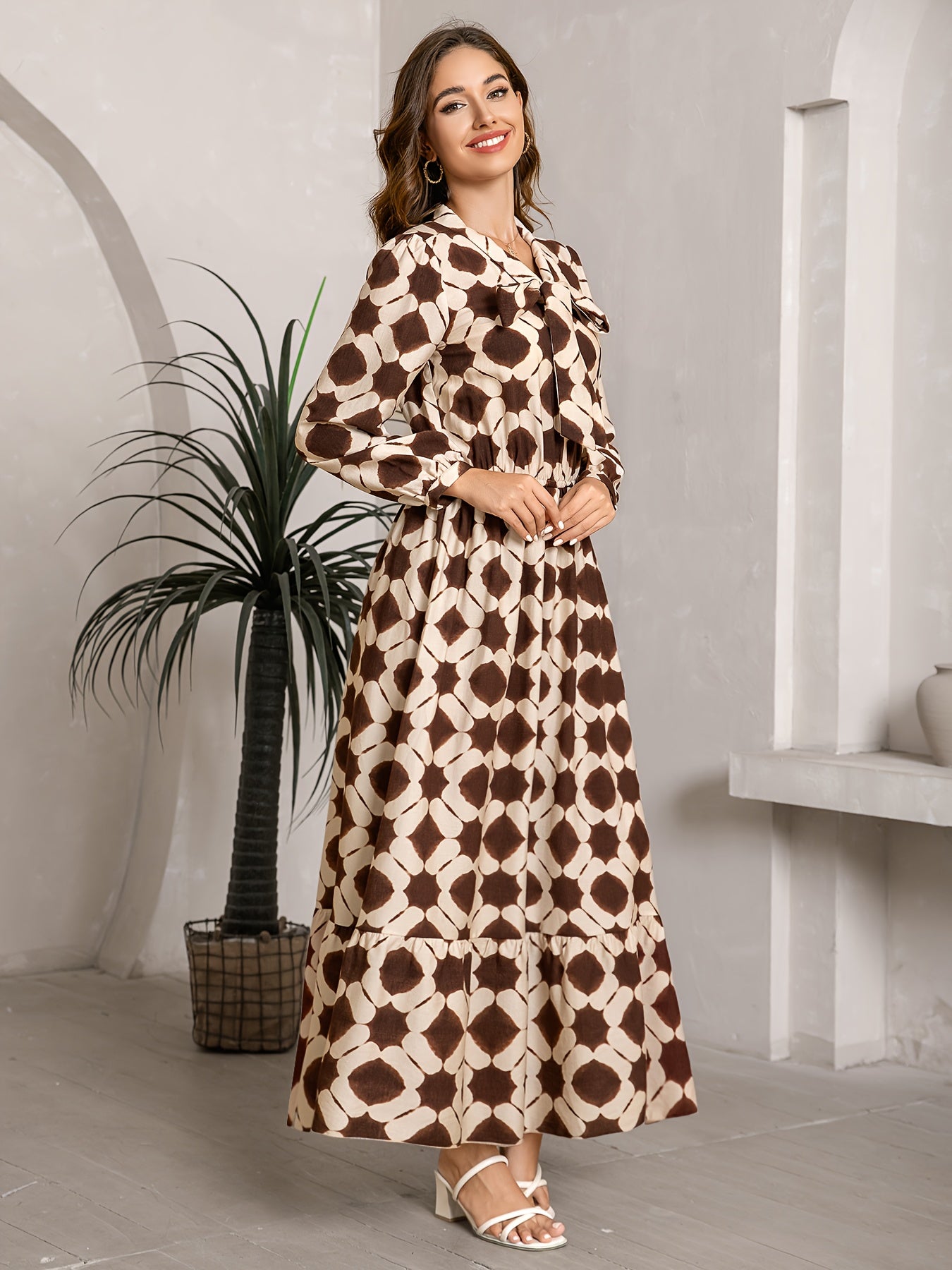 2025 Autumn New Women'S Elegant Geometric Print Maxi Dress - Long Sleeve, Bow Tie Neckline, Adjustable Cuffs, Waist Cincher, Flowy A-Line Skirt for Casual Outings, Dates & Holidays, Casual Outing Attire | Geometric Pattern Dr