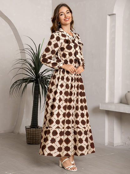 2025 Autumn New Women'S Elegant Geometric Print Maxi Dress - Long Sleeve, Bow Tie Neckline, Adjustable Cuffs, Waist Cincher, Flowy A-Line Skirt for Casual Outings, Dates & Holidays, Casual Outing Attire | Geometric Pattern Dr