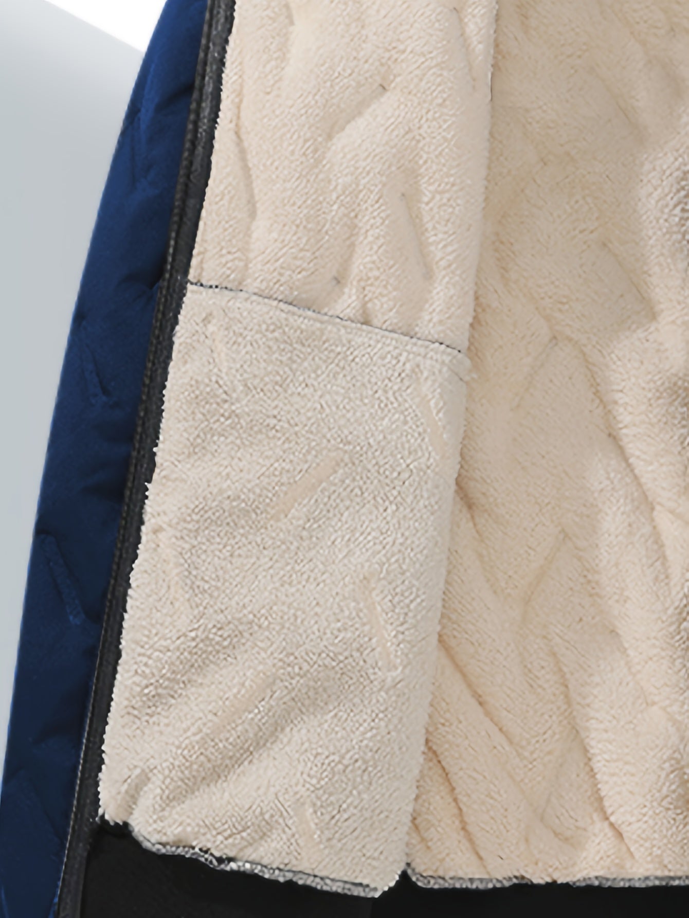 Men'S Winter Warm Fleece-Lined Zip-Up Hooded Jacket with Pockets - Navy Blue & Beige Color Block, Comfortable Polyester Fabric, Ideal for Outdoor Activities, Running, and Casual Wear, Winter Jacket
