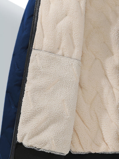 Men'S Winter Warm Fleece-Lined Zip-Up Hooded Jacket with Pockets - Navy Blue & Beige Color Block, Comfortable Polyester Fabric, Ideal for Outdoor Activities, Running, and Casual Wear, Winter Jacket