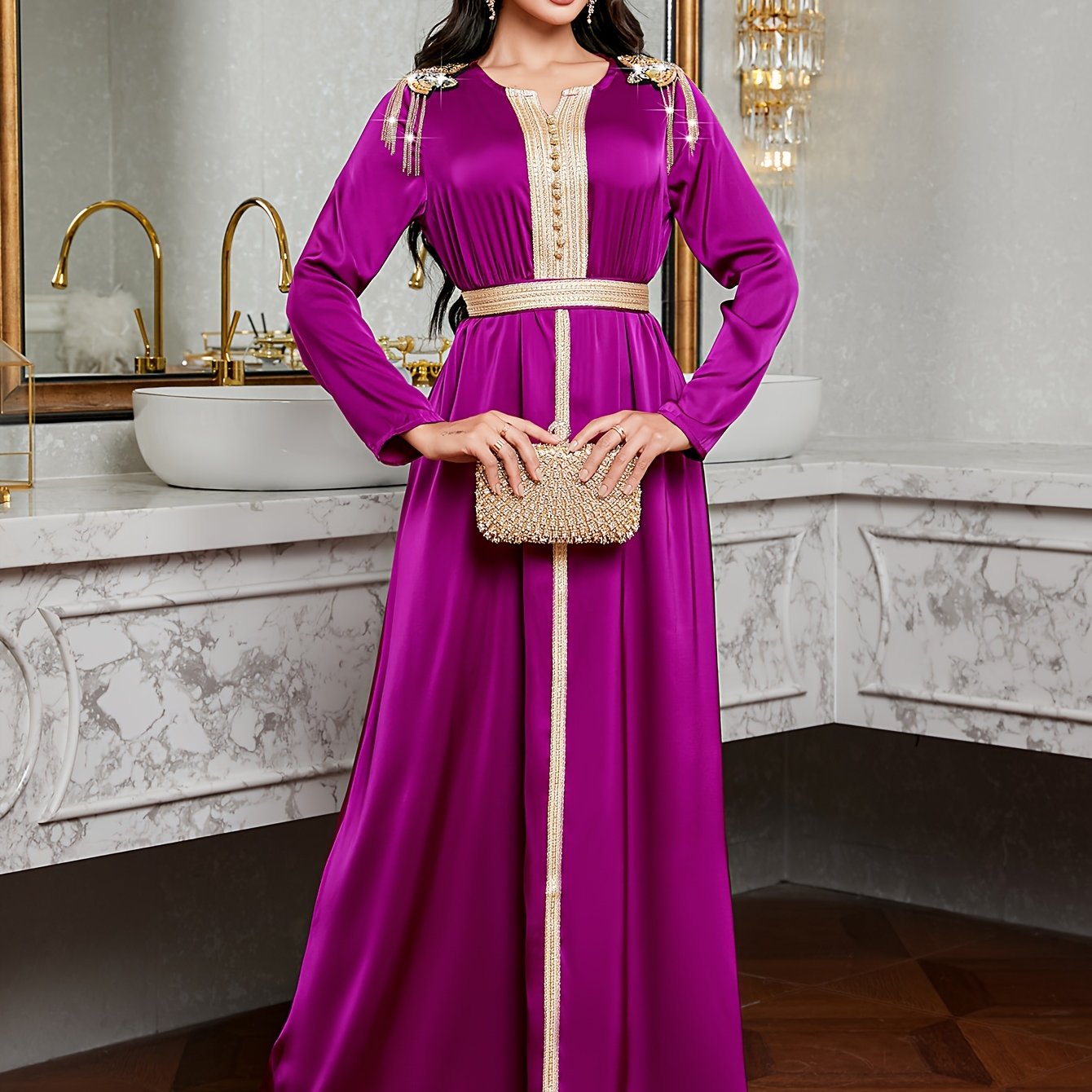 [Purple Elegant Dress] Elegant Purple 7023 Long Dress | Golden Embroidery, Tassel Detail, Belted, All-Season Wear, Formal Event Attire, Formal Attire, Embroidered Dress, Detailed Embroidery