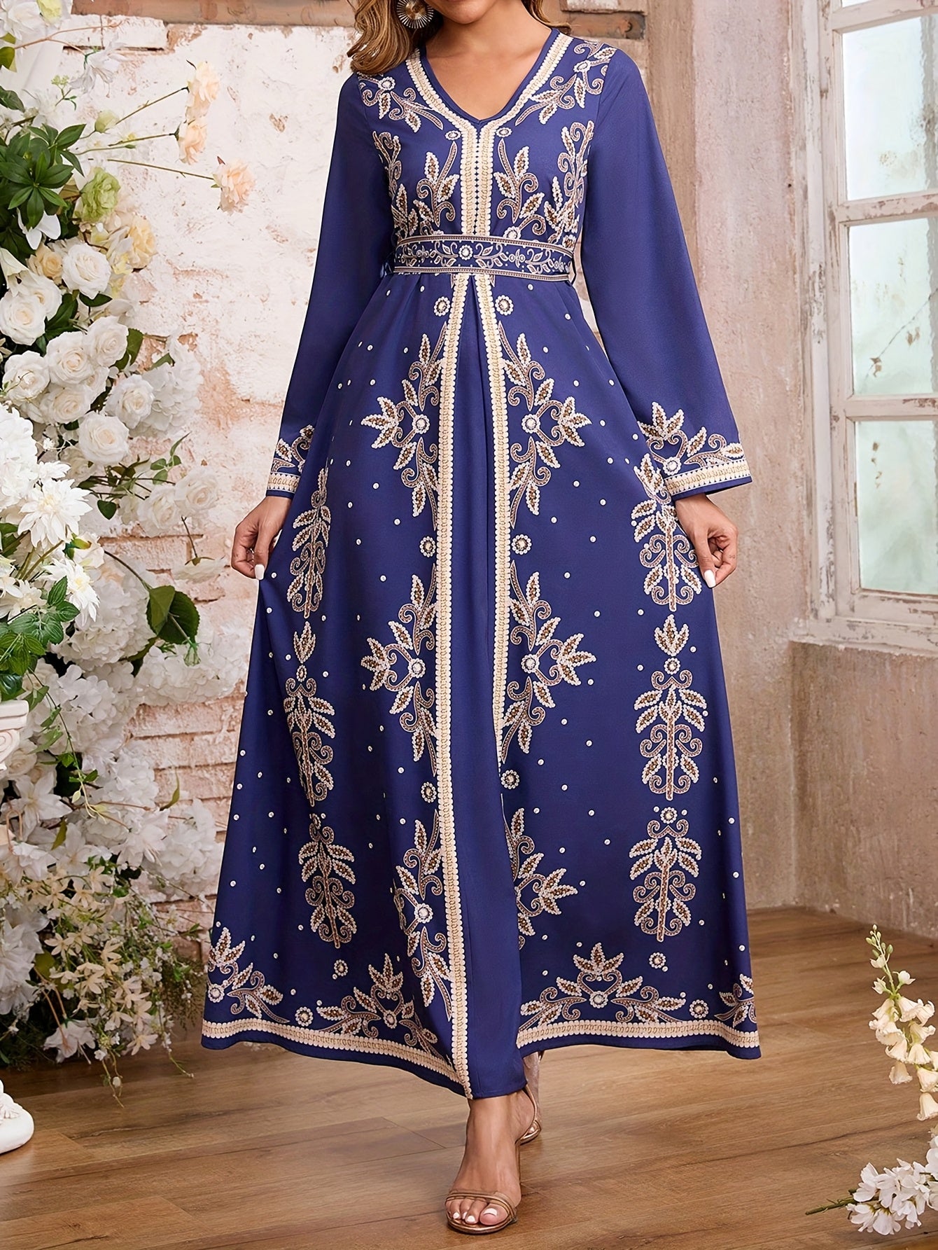 Women's Elegant Arabic Abaya Dress - Long Formal Muslim Wedding Gown with Floral Print, Navy Blue & Golden Islamic Rope for Everyday & Special Occasions - Machine Washable Non-See Through Islamic Clothing, Muslim Dress, Highq