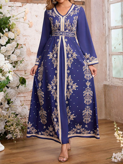 Women's Elegant Arabic Abaya Dress - Long Formal Muslim Wedding Gown with Floral Print, Navy Blue & Golden Islamic Rope for Everyday & Special Occasions - Machine Washable Non-See Through Islamic Clothing, Muslim Dress, Highq