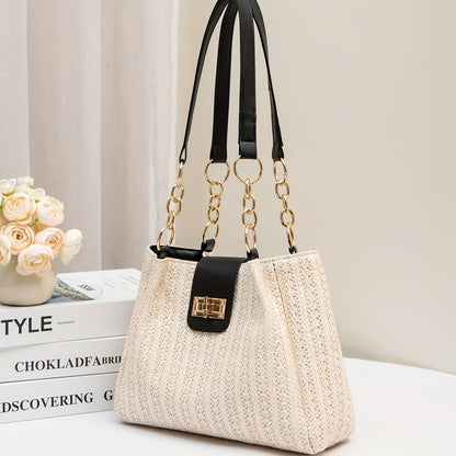 Women'S 2025 New Year Handwoven Straw Tote Bag - Black Accents, Honeycomb Pattern, Adjustable Shoulder Strap, Kiss Lock Closure, Machine Washable, Beach & Casual Style, Casual Tote Bag|Honeycomb Pattern Bag|Durable Handle Bag