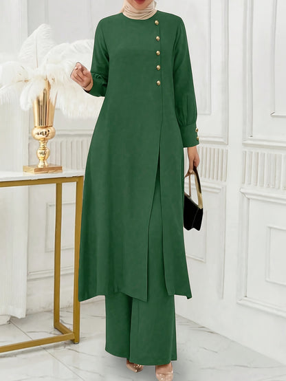 Ramadan Women'S Solid Color Button Design Long Sleeve Top and Pants Set, Arabic Style, Polyester, with Faux Button Detail, for All Seasons