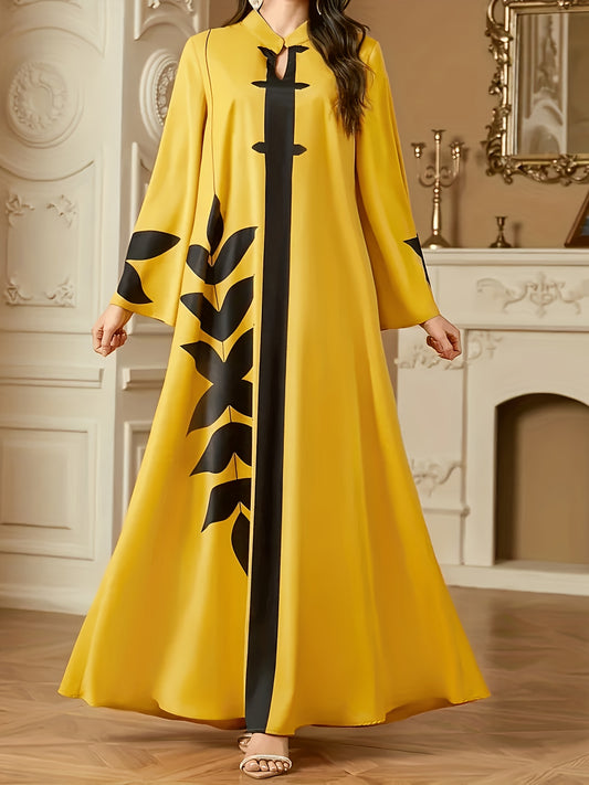 Elegant Yellow Floral Print V-Neck Kaftan Dress - Traditional Loose Fit Long Sleeve Maxi with Black Floral Patterns, Perfect for All Seasons, Festive Attire | Vneck Dress | Polyester Fabric