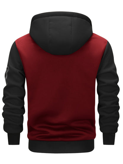Men'S New Fall/Winter Casual Printed Hooded Baseball Jacket, Knitted Fabric, Regular Fit, Long Sleeve, Letter Pattern, Pocket, Single Button Closure, Daily & Leisure Wear
