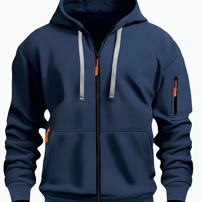 Men's Sporty Zip-Up Hoodie Jacket - Vibrant Orange with Black Zipper Accents, Polyester-Lined Comfort, Machine Washable Regular Fit for Autumn Winter Casual Outdoor Wear, Autumn Apparel