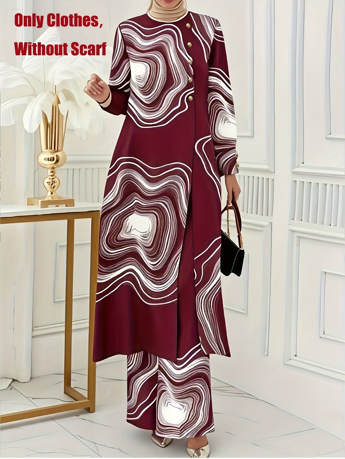 Ramadan Women'S Solid Color Button Design Long Sleeve Top and Pants Set, Arabic Style, Polyester, with Faux Button Detail, for All Seasons