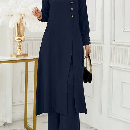 Ramadan Women'S Solid Color Button Design Long Sleeve Top and Pants Set, Arabic Style, Polyester, with Faux Button Detail, for All Seasons