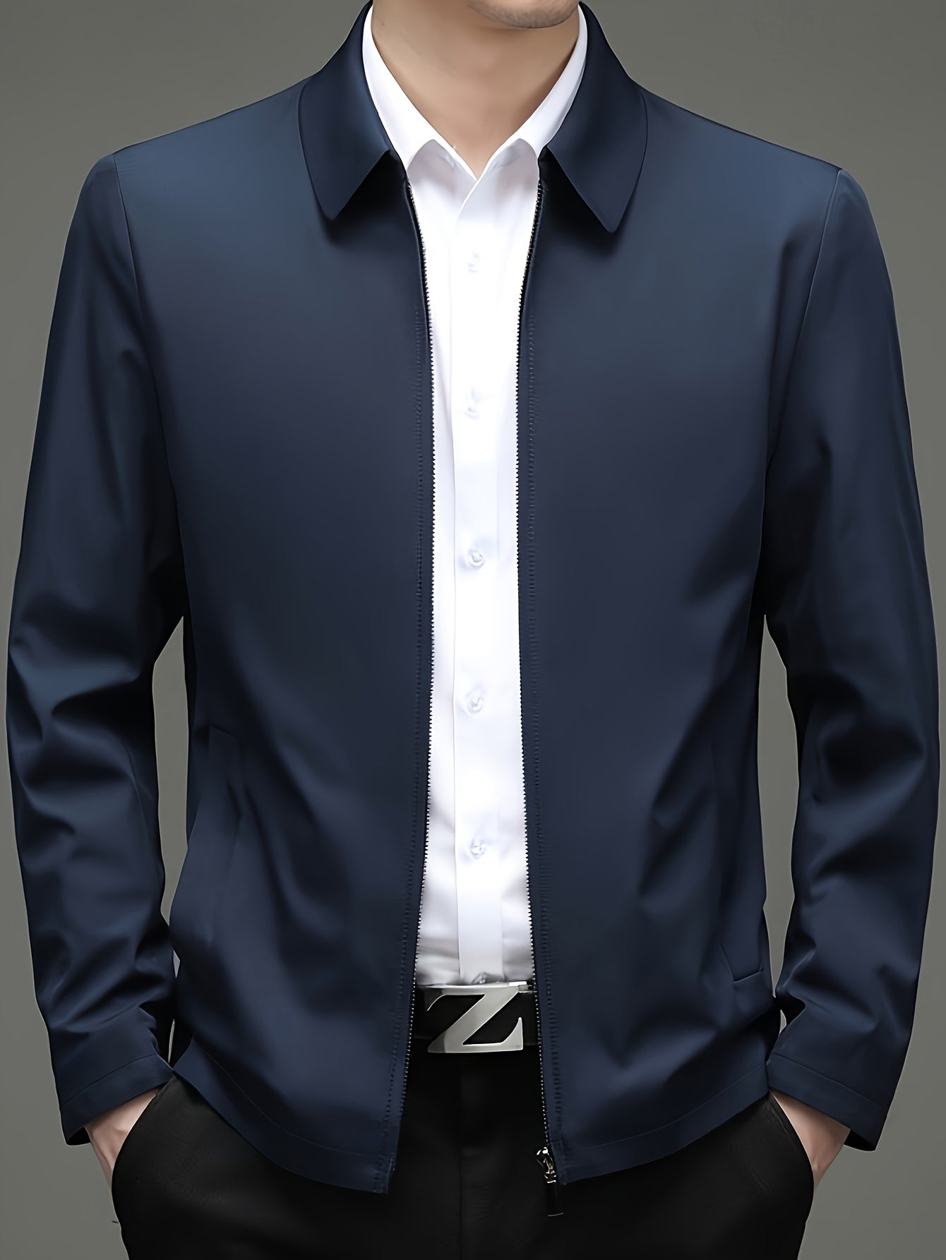Men's Casual Business Jacket for Elderly - Polyester, Solid Color, Non-Stretch Fabric, Spring/Autumn Wear with Pockets
