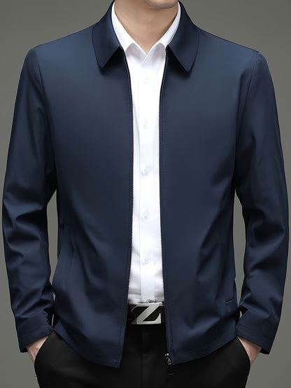 Men's Casual Business Jacket for Elderly - Polyester, Solid Color, Non-Stretch Fabric, Spring/Autumn Wear with Pockets