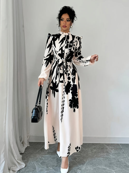Women's Floral Print A-Line Dress with Puff Sleeves & Cinched Waist - Semi-Sheer Long Dress, Black & Floral Pattern, Stand-Up Collar, Machine Washable for Spring/Fall, Elegant Office to Party Wear, Floral Print Dress, Spring