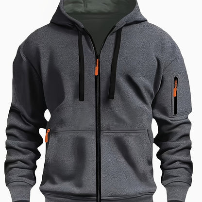 Men's Sporty Zip-Up Hoodie Jacket - Vibrant Orange with Black Zipper Accents, Polyester-Lined Comfort, Machine Washable Regular Fit for Autumn Winter Casual Outdoor Wear, Autumn Apparel