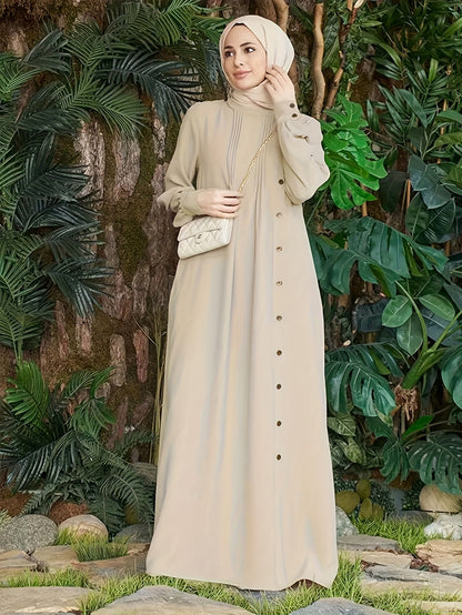 Ramadan Solid Tucked Maxi Abaya, Elegant Long Sleeve Loose Abaya, Women's Clothing