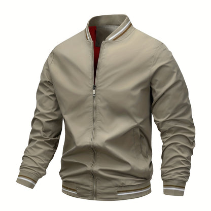1pc, Spring And Fall Men's Striped Sports Fashion Jacket, Baseball Collar Zip Up Casual Jacket For Mountaineering And Daily Outings